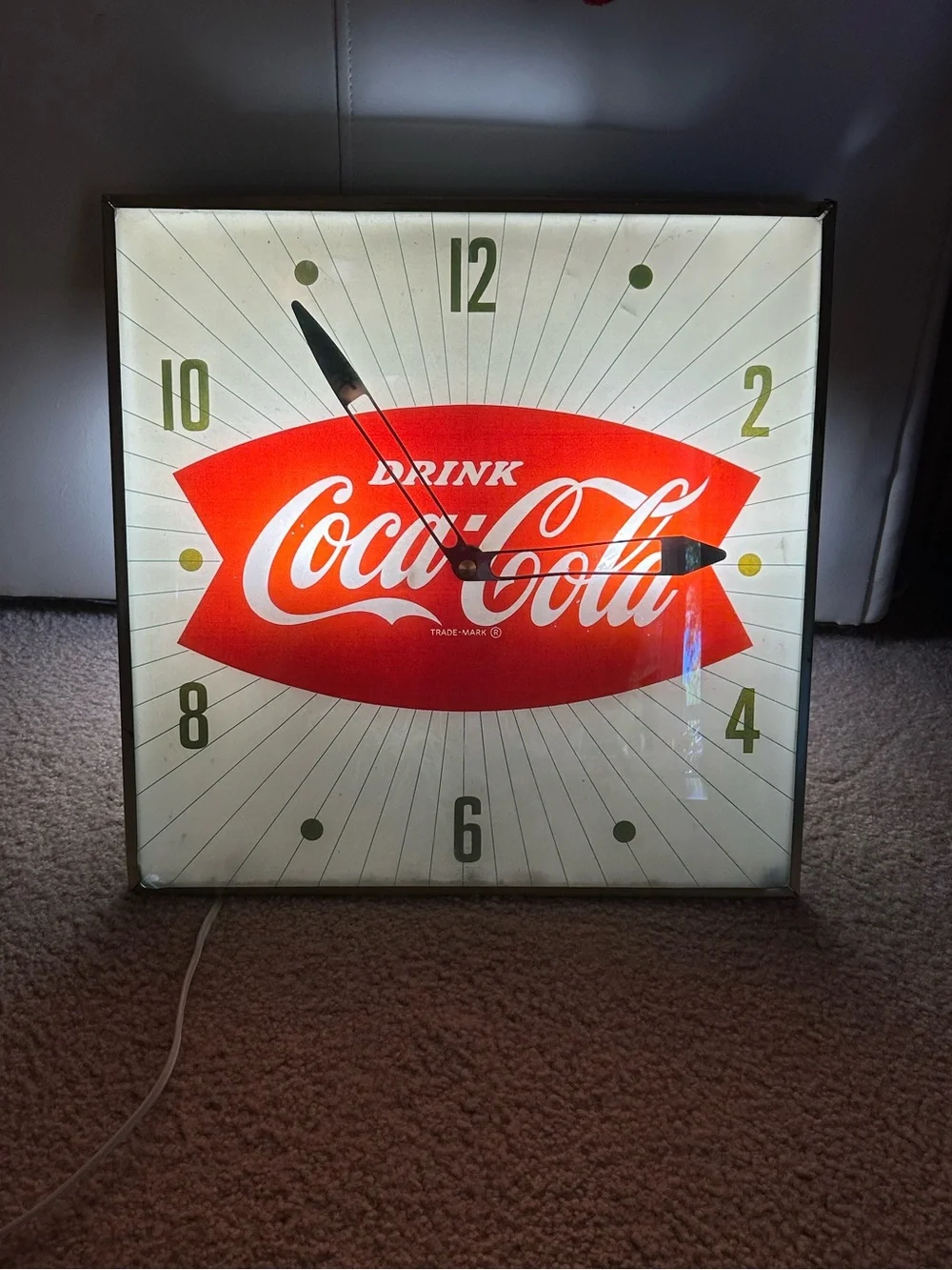 Vintage 1950s Coca-Cola Light Up PAM Square Bubble Glass Wall Clock